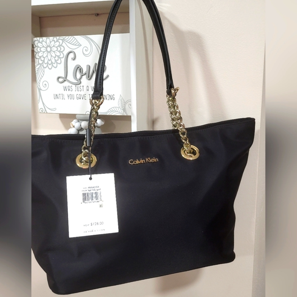 Calvin Klein Black Structured Tote with Gold Hardware